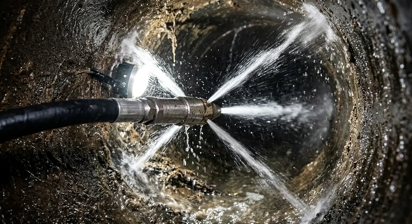 High-pressure hydro jetting nozzle cleaning sewer pipe for Emergency Drain Service in Seven Oaks