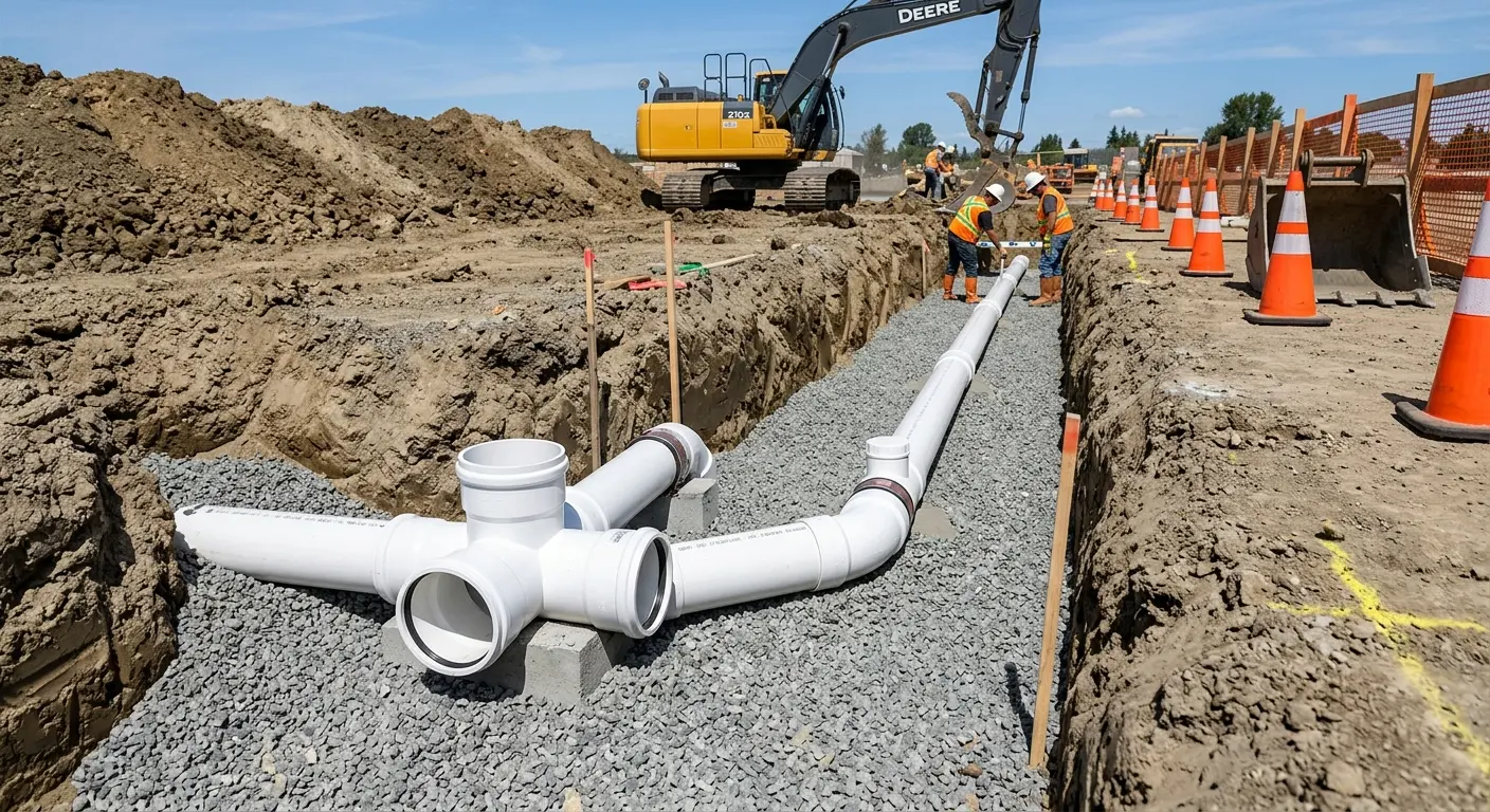 New PVC sewer pipe installation in open trench for Sewer Backup in Seven Oaks