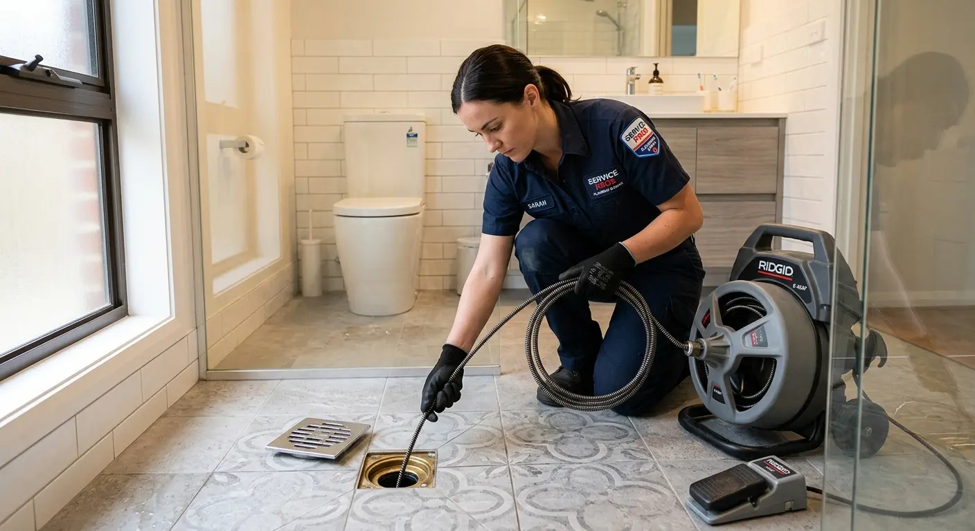 Technician clearing a bathroom floor drain for Sewer Line Replacement in Seven Oaks